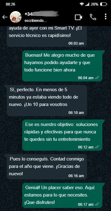 Captura de pantalla de un testimonio de cliente en WhatsApp sobre la calidad del servicio de IPTV España.