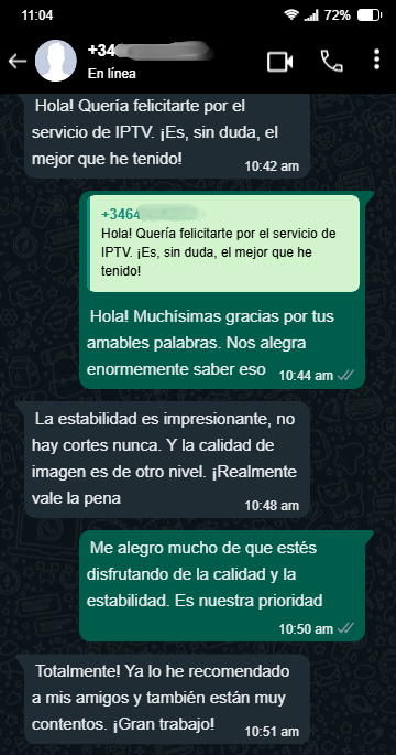 Reseña positiva de un cliente en WhatsApp para el servicio de IPTV en España.
